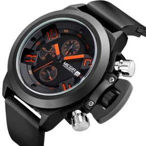 MEGIR Mens Silicone Band Analog Chronograph Stop Watch Military Army Style Watch - Picture 1 of 13