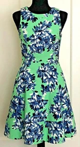 J. Crew Sleeveless Fit & Flare Dress Size 0 Green Blue Floral Textured Lined EUC - Picture 1 of 10