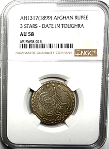 AH1317 (1899) Afghanistan Rupee 3 stars Date in Toughra NGC AU58 - Picture 1 of 4