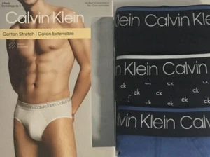 Calvin Klein Mens Stretch 3 Pack Hip Brief Cotton Stretch Black&Blue Large - Picture 1 of 4
