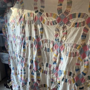 Vintage Wedding Ring Quilt 72”x72” Homemade Flower Sack Unfinished Quilt - Picture 1 of 12