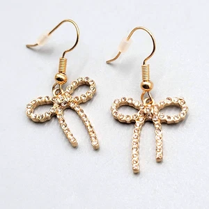 Bow Dangle Pierced Earrings Rhinestone Gold tone Cute 3/4" - Picture 1 of 7