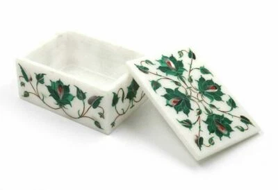 Marble Jewelry Box Semi Precious Stone Malachite Pietra Dura Handmade Decor - Image 1 of 2