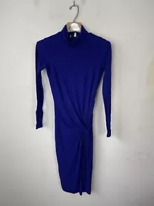 REISS Womens Dress 4 Blue Ruched Bodycon High Neck Long Sleeve Freya Twist Front - Picture 1 of 9