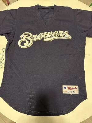 Camiseta deportiva de entrenamiento de primavera usada Milwaukee Brewers Majestic Game talla 42 (mediana) Foto 1 de 4