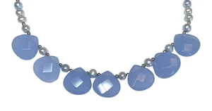 Faceted Blue Glass Teardrop & Faux Pearl Necklace 925 Sterling Silver Clasp - Picture 1 of 12