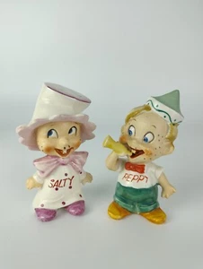 Vintage Happy New Year Salty Peppy Salt Pepper Shaker Freckle Face 50s Set JAPAN - Picture 1 of 11