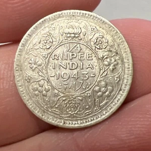 SILVER Roughly the Size of a Dime 1943 India 1/4 Rupee- World Silver Coin - Picture 1 of 4