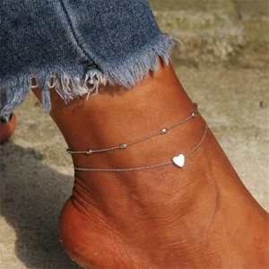Gold Or Silver Double Chain Heart Bracelet Foot Anklet Ankle Jewellery - Picture 1 of 6