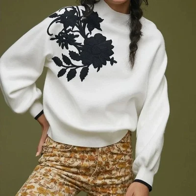 Suéter Anthropologie Blanco Cuello Simulado Apliques Bordados Acento Floral Grande Foto 1 de 4