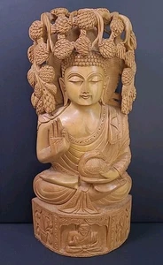 Buddha Sitting Under Bodhi Tree Wood Carved Carving Religious Statue Sculpture - Picture 1 of 15