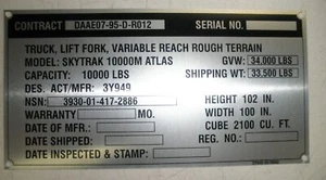 9905-01-443-9789 Placa de identificación 6618842 JLG Trak Skytrak 10000M ATLAS - Imagen 1 de 1