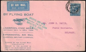 Great Britain 1928 Flying Boat Cacheted Pink Cover w/ 2 1/2d & Belfast Backstamp - Picture 1 of 3
