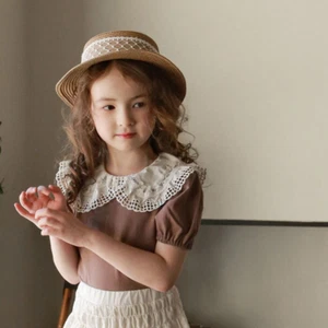 T-shirt bambina estiva nuova maglia orlo loto cotone top bambina - Foto 1 di 12