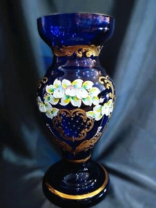 Bohemia crystal glass blue vase 27 cm decorated gold and enamel - Picture 1 of 7