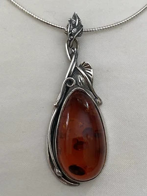 Baltic Amber Sterling Silver Leaf Design Pendant on 17.5" Sterling Omega Chain - Image 1 of 4