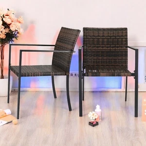 2pcs Woven Rattan Armchairs - Brown Ombre, Black Steel Frame & Stackable - Picture 1 of 24