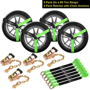 4 Pack Lasso Car Ratchet Tie Down Straps with Chain Anchors Auto Hauler Flatbed - Picture 1 of 9