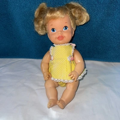 1968 Mattel Baby Go Bye Bye Doll Original Yellow Daisy Dress Pig Tails Vintage - Image 1 of 4