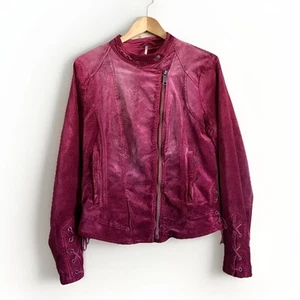 Free People Women’s Distressed Velour Moto Lace Cuff Jacket Size Medium Magenta - Picture 1 of 8