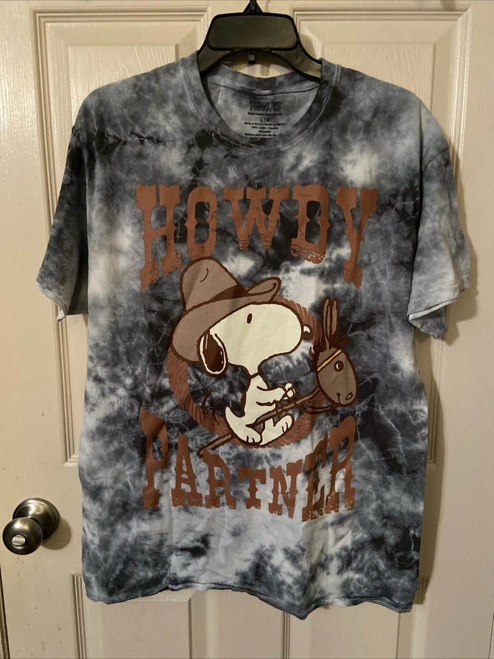 PEANUTS SNOOPY Howdy Partner Blue Tie Dye Unisex Cotton T Shirt Tee Size L NEW - Image 1 of 4