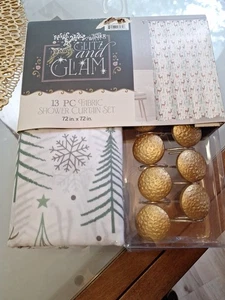New Glitz Glam Fabric Shower Curtain Gold Hooks 72 x 72 Christmas Holiday - Picture 1 of 5