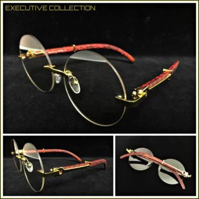 男式优雅复古风格圆形透明镜片眼镜金色和木质镜框 — 第 1/4 张图片