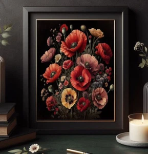 Poppy Spring WildFlowers Nature Vintage painting print Wall art - Picture 1 of 5