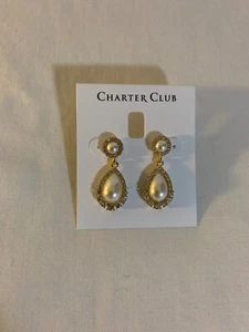 Charter Club White Imitation Pearl Teardrop Gold Tone Earrings - Picture 1 of 5