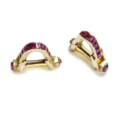 Sparkling Sqaure Shape Dark Pink Ruby In 10K White Gold Men's Stirrup Cufflinks - Image 1 of 4