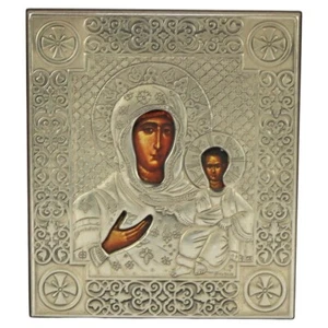 Russische religiöse Ikone Porträt von Maria & Jesuskind ummantelt in Sterlingsilber - Bild 1 von 7