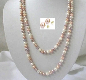 50" 7-8mm White Pink Purple Akoya Cultured Pearl Beads Knot Necklace + Earrings - Picture 1 of 4