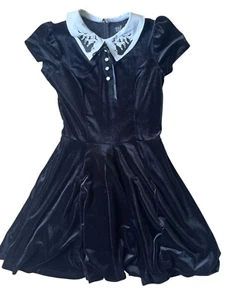 Hell Bunny Kleid Damen XS Schwarz Samt Kragen Kurzarm Friedhof Goth - Bild 1 von 11