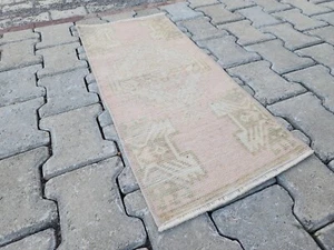 Mini Turkish Runner Rug, 1.3x2.9 ft, Soft Pink and Cream, Faded Oushak Wool Rug - Picture 1 of 8