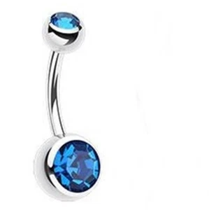 Belly Ring Double Blue Dark Gems Non Dangle Naval Steel Body Jewelry - Picture 1 of 3