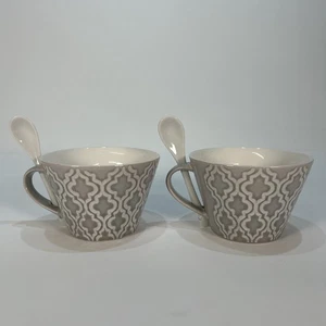 Tazas Lene Bjerre X 2 Tazas de té de café de cerámica con patrón gris blanco con cucharas - Imagen 1 de 12