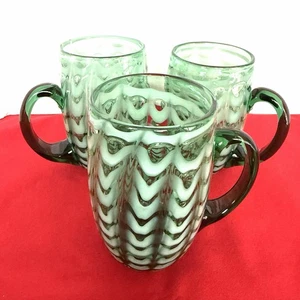 3 Art Glass Hand Blown Mugs Cups Wave Pattern Applied Handle 5.5" Green/white - Picture 1 of 9