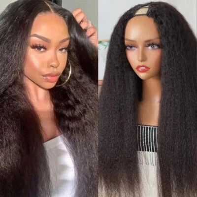 Indian Kinky Yaki Straight V Part Human Hair Wigs for Women Glueless U Part Wigs - Image 1 of 4