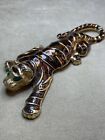 Gold Tiger Brooch Pin Green Emerald Eyes Large Animal Jewelry 4.5" Gift