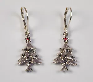 Sterling Silver Christmas Tree w/ Red Stone Leverback Holiday Earrings Free Ship - Picture 1 of 2
