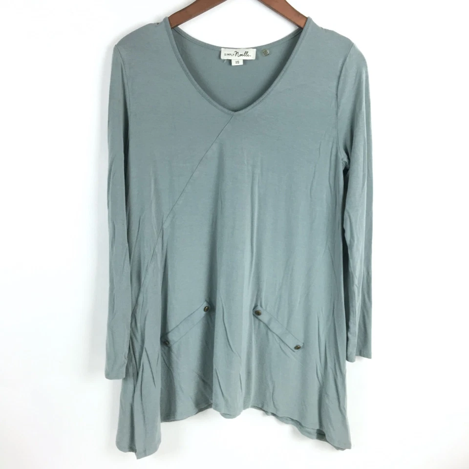 Top de mujer Simply Noelle túnica verde pequeña cuello en V manga larga rayón elástico Foto 1 de 4