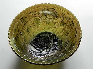 CARNIVAL GLASS 7" VINTAGE FRUIT BOWL IMPERIAL OPEN ROSE IRIDESCENT OLIVE GREEN - Picture 1 of 1