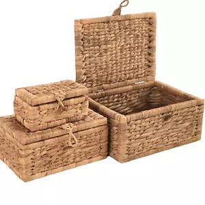 Set of 3 Handwoven Storage Boxes with Lid,Small Wicker Rectangular Basket for Sh - Picture 1 of 12