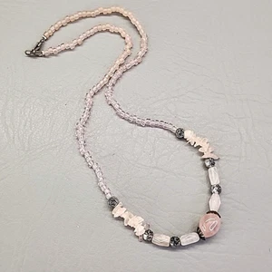 Rose Quartz Beaded Necklace Pink Nuggets Chips Beads Glass Silver Tone 20" - Picture 1 of 19