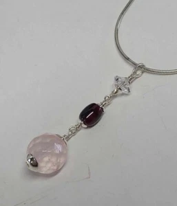 Vintage Rose Quartz Crystal Genuine Garnet Sterling Silver Pendant - Picture 1 of 3
