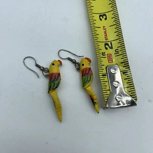 vintage Unique Hand Painted Wooden Parrot Bird Dangle Drop Earrings - Picture 1 of 3