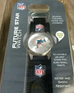 NFL Miami Dolphins Logotipo Plateado Reloj Damas/Jóvenes Banda de Velcour Negro WR 3ATM Nuevo - Imagen 1 de 3