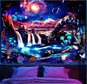 Blacklight Galaxy Wall Tapestry Trippy Planet Tapestry UV Reactive Waterfall - Picture 1 of 9