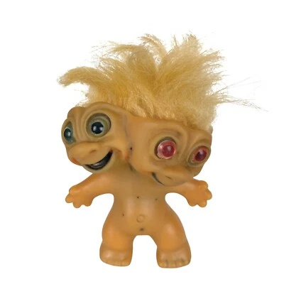 Troll siamés de dos cabezas Wishnik ojos rojos azules vintage 1965 Uneeda Foto 1 de 4