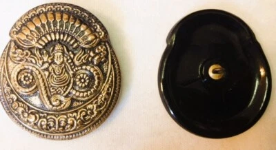 Large Czech Glass BUDDHA BUTTON - Black with Gold Luster - Image 1 of 3
